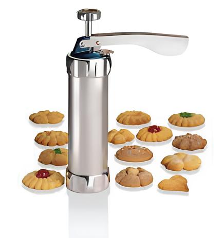 Pistolet Presse à Biscuits – صانعة البسكويت العصرية مع  أقراص للتشكيل + 4 رؤوس للتزيين ✨ باللون الفضي الأنيق